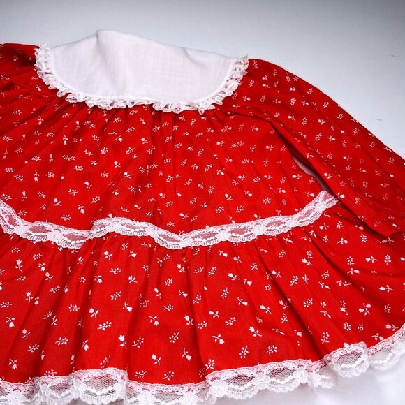 Vintage Peaches 'n Cream Red Floral Full Circle Lace Collared Dress 9m / 12m - Picture 10 of 13